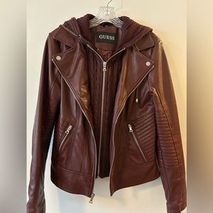 Burgundy leather jacket with removable hoodie